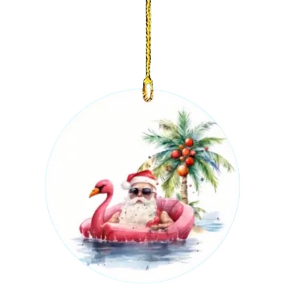 Tropical Santa Flamingo Float Christmas 2D Ornament Disk